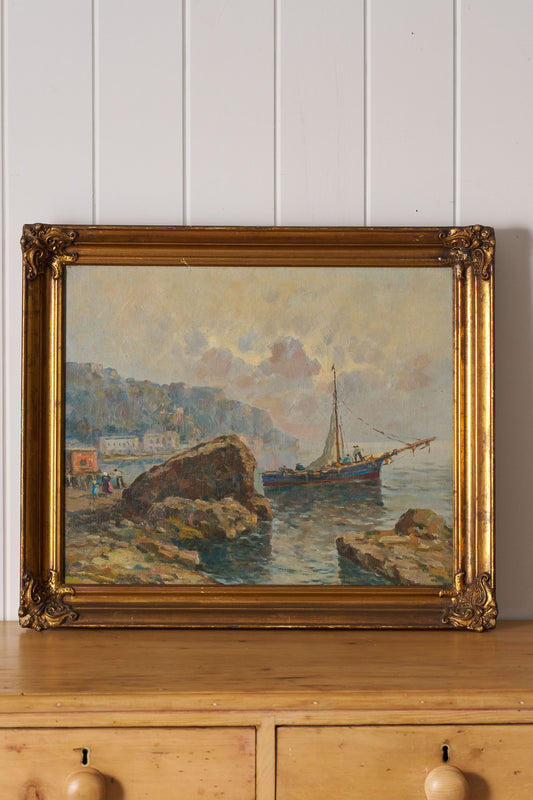 Mid-Century Original Oil on Canvas on Harbor in Giltwood Frame