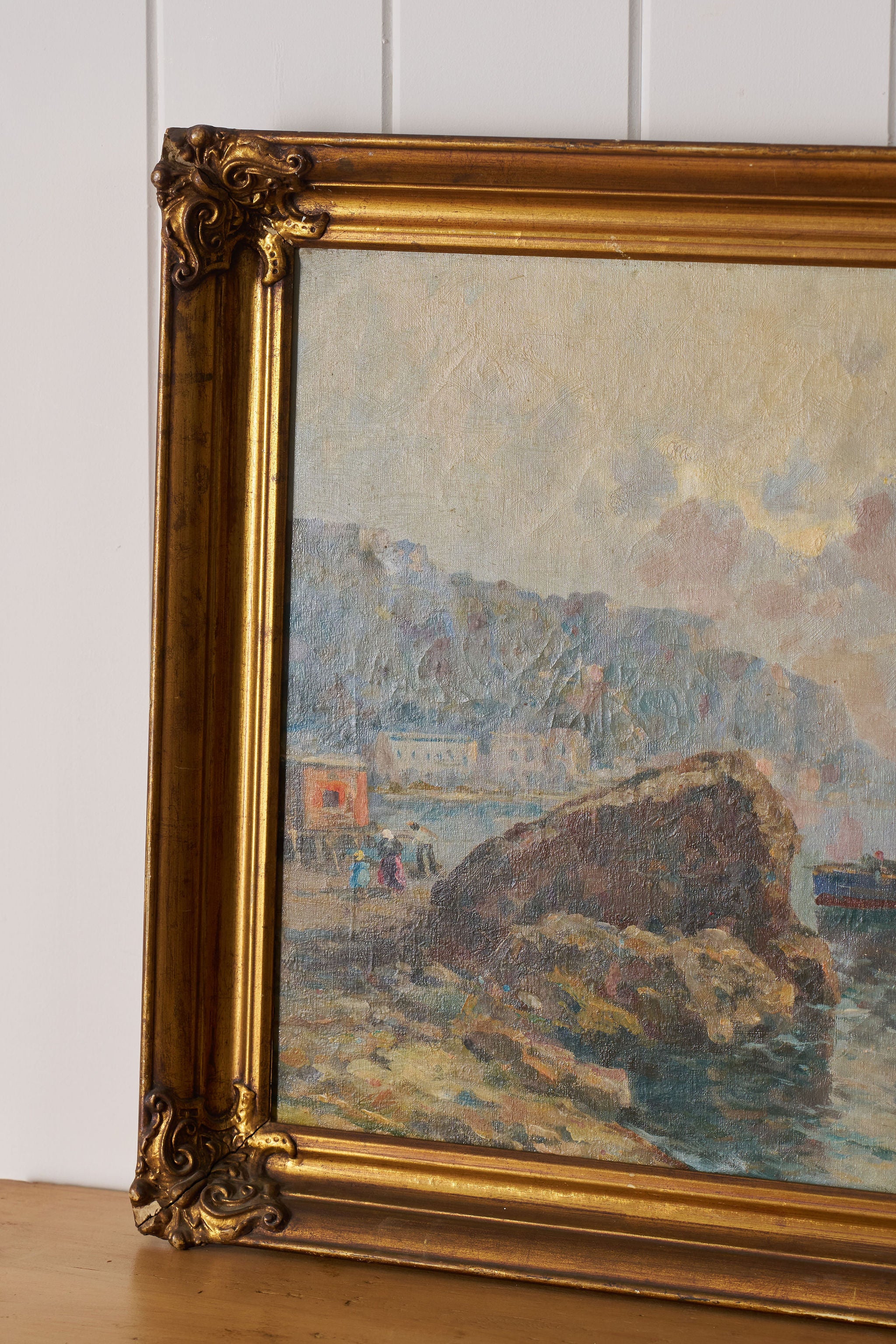 Mid-Century Original Oil on Canvas on Harbor in Giltwood Frame