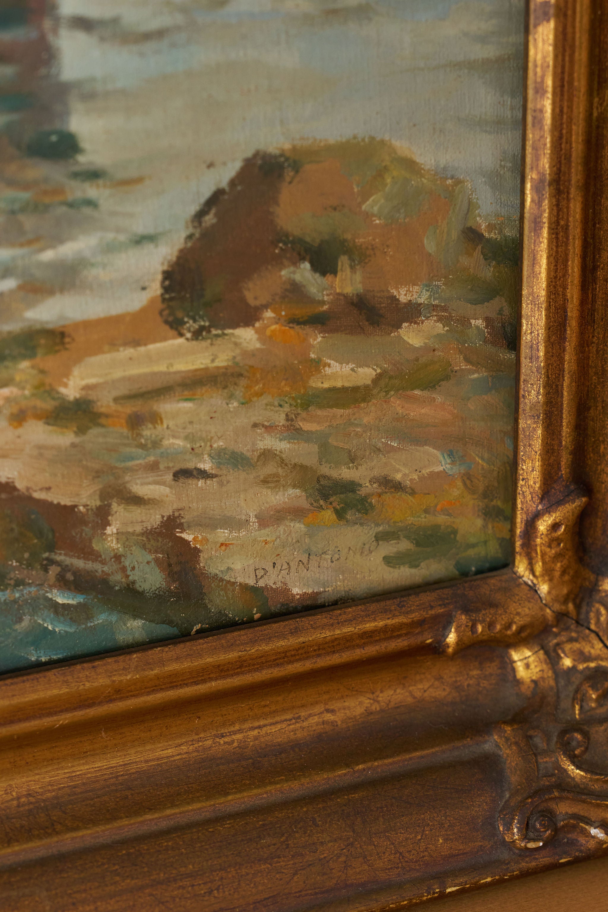 Mid-Century Original Oil on Canvas on Harbor in Giltwood Frame