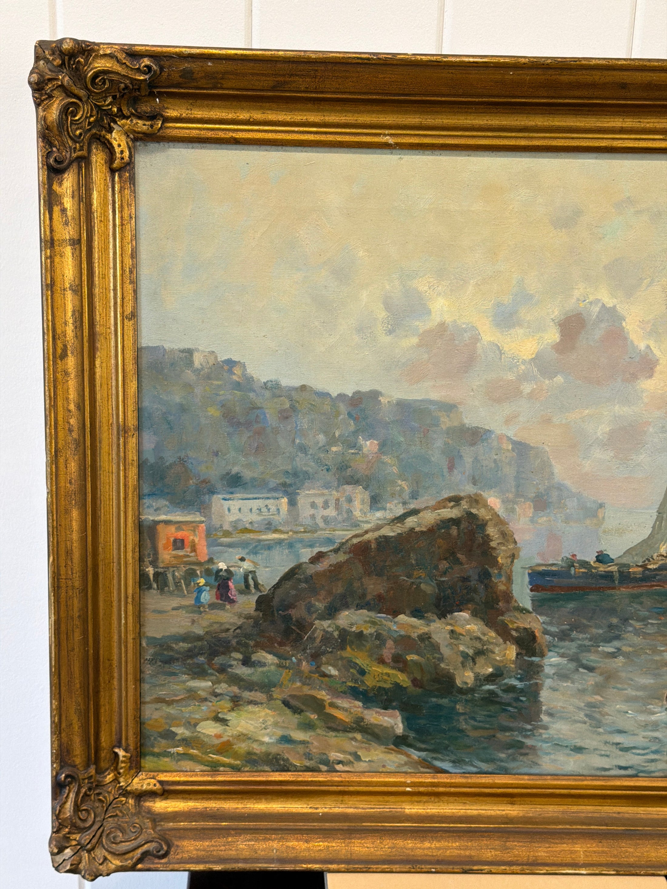 Mid-Century Original Oil on Canvas on Harbor in Giltwood Frame