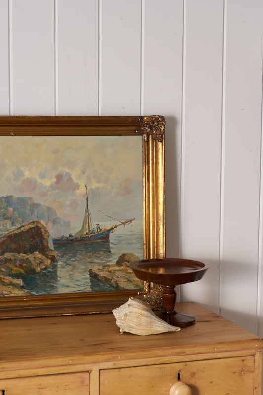 Mid-Century Original Oil on Canvas on Harbor in Giltwood Frame