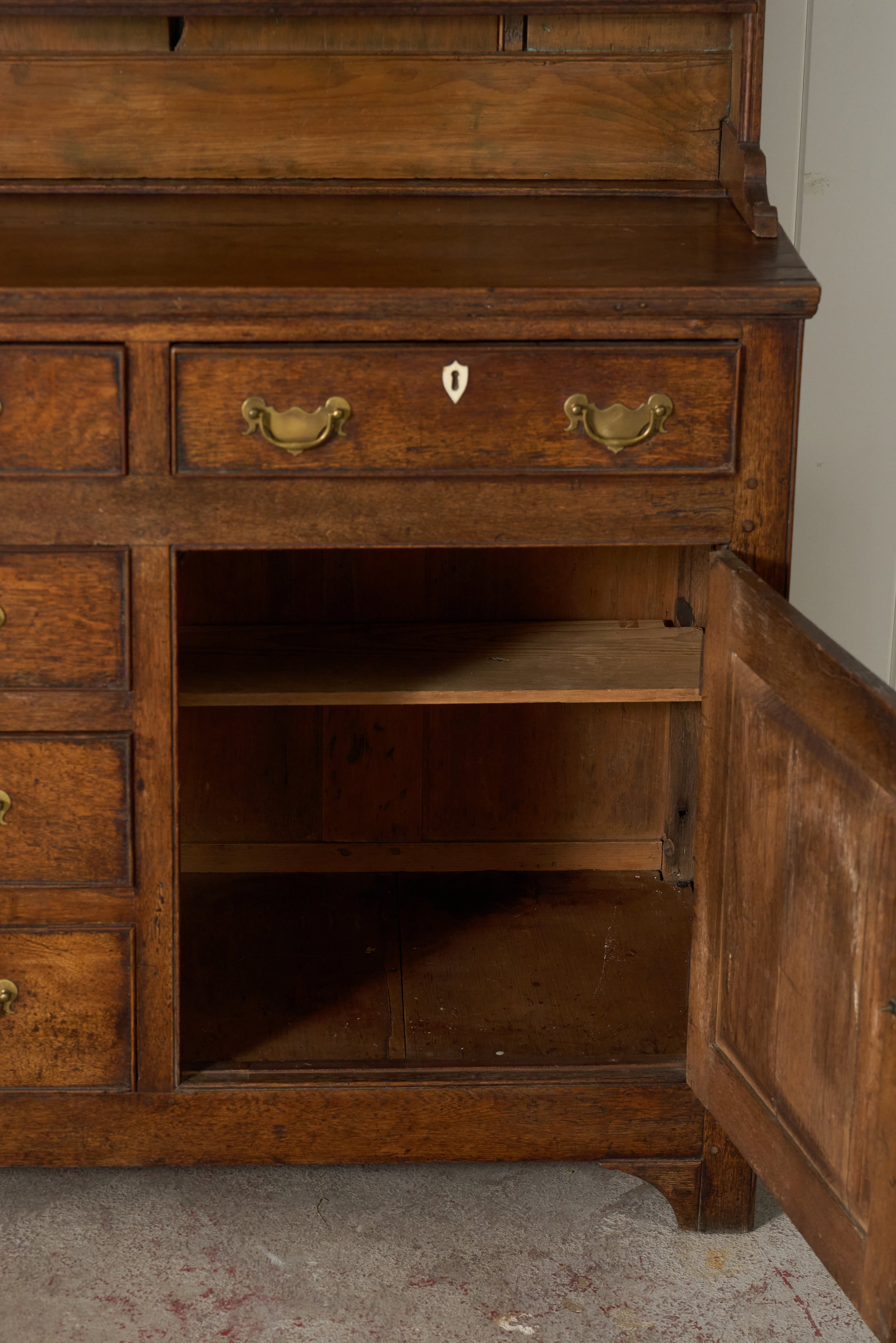 18th Century Oak Buffet + Plate Rack With Inlay Keyholes