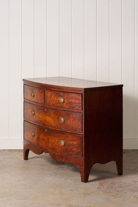19th Century Victorian Flame Mahogany Bowfront Chest With Urn Hardware