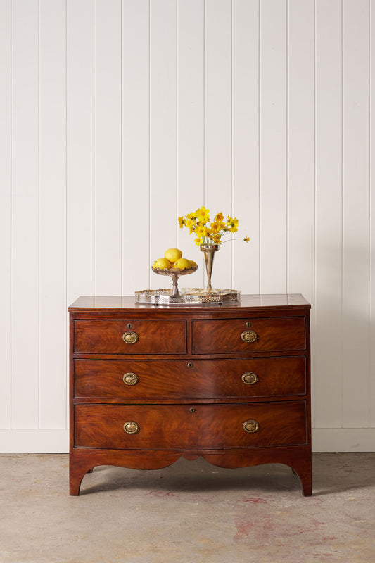 19th Century Victorian Flame Mahogany Bowfront Chest With Urn Hardware
