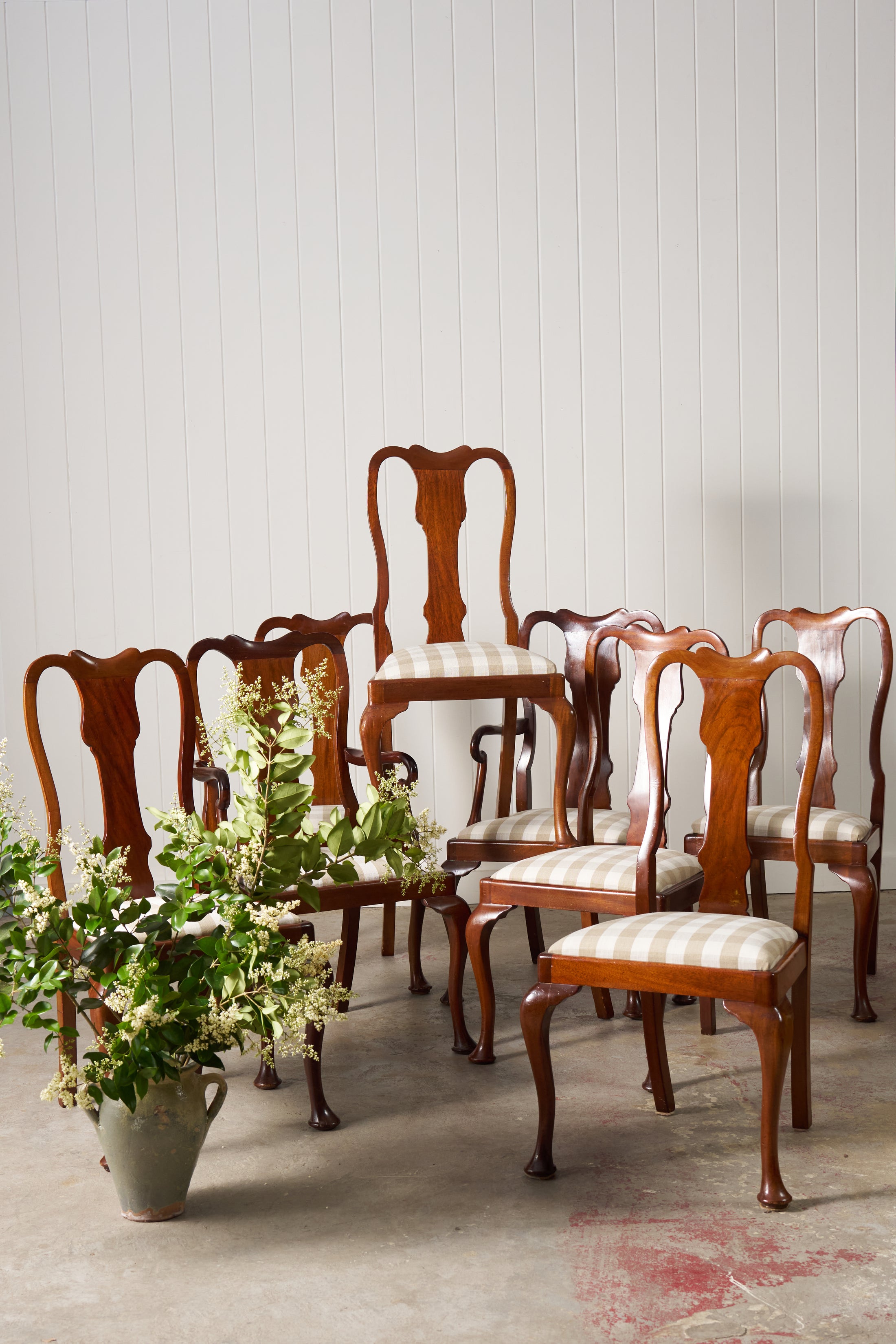 SET of 8 | Walnut Queen Anne Style Dining Chairs (c. 1930) with Newly Upholstered Gingham Cushions
