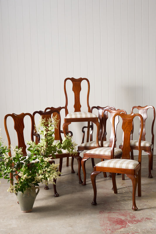 SET of 8 | Walnut Queen Anne Style Dining Chairs (c. 1930) with Newly Upholstered Gingham Cushions