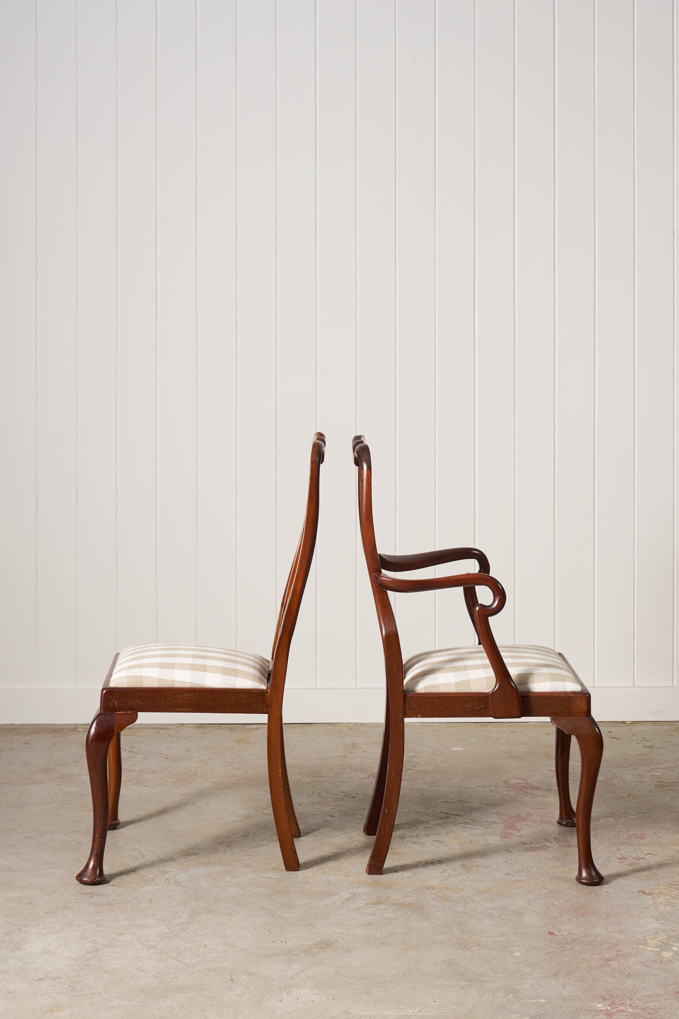 SET of 8 | Walnut Queen Anne Style Dining Chairs (c. 1930) with Newly Upholstered Gingham Cushions