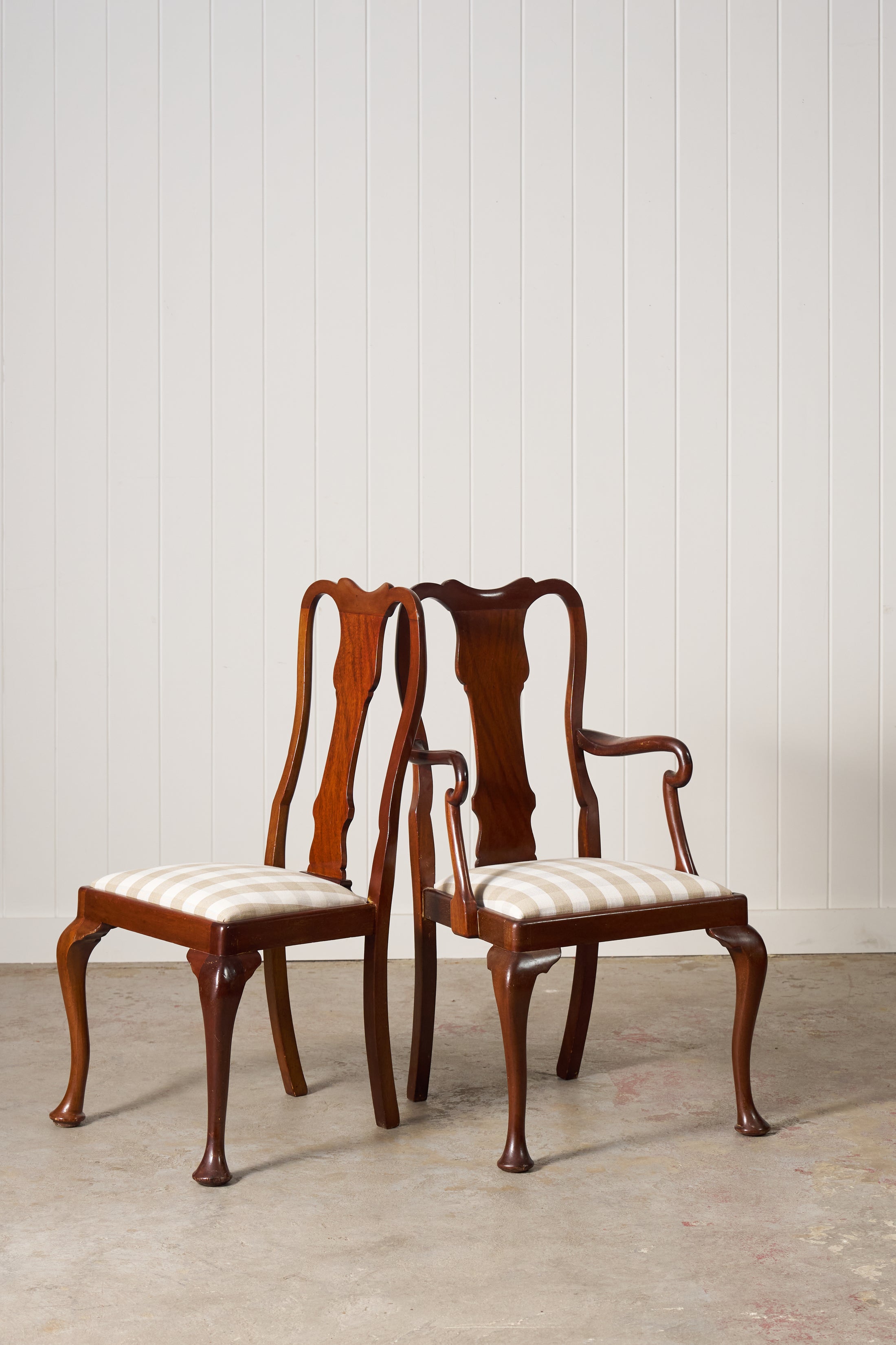 SET of 8 | Walnut Queen Anne Style Dining Chairs (c. 1930) with Newly Upholstered Gingham Cushions