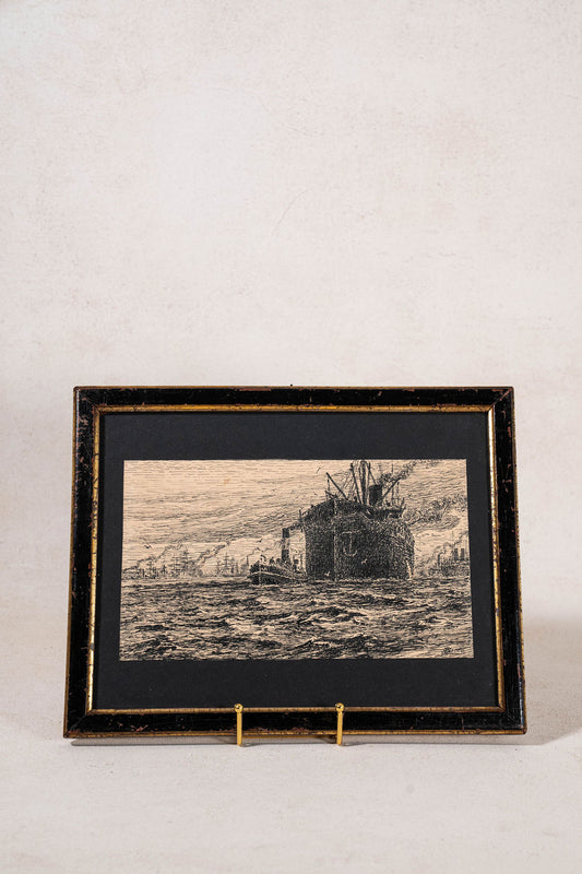 Antique English Steamboat Original Black + White Sketch