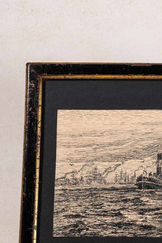 Antique English Steamboat Original Black + White Sketch