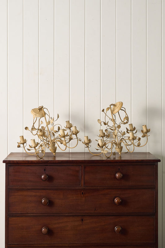 PAIR Vintage Toile Putty Colored 6-Light Chandeliers (as-is; needs re-wiring)