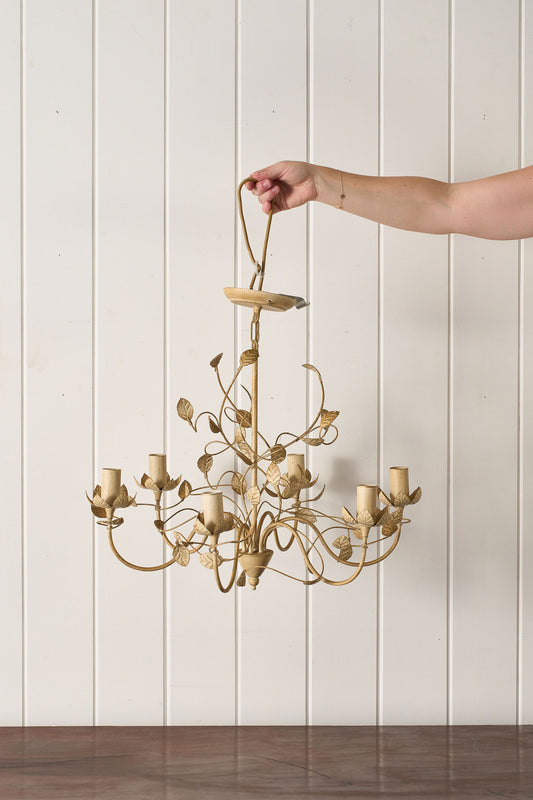 PAIR Vintage Toile Putty Colored 6-Light Chandeliers (as-is; needs re-wiring)
