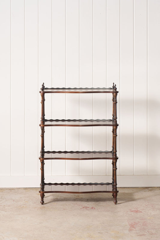 English Mahogany Bookshelf With Serpentine Shelves + Scalloped Back