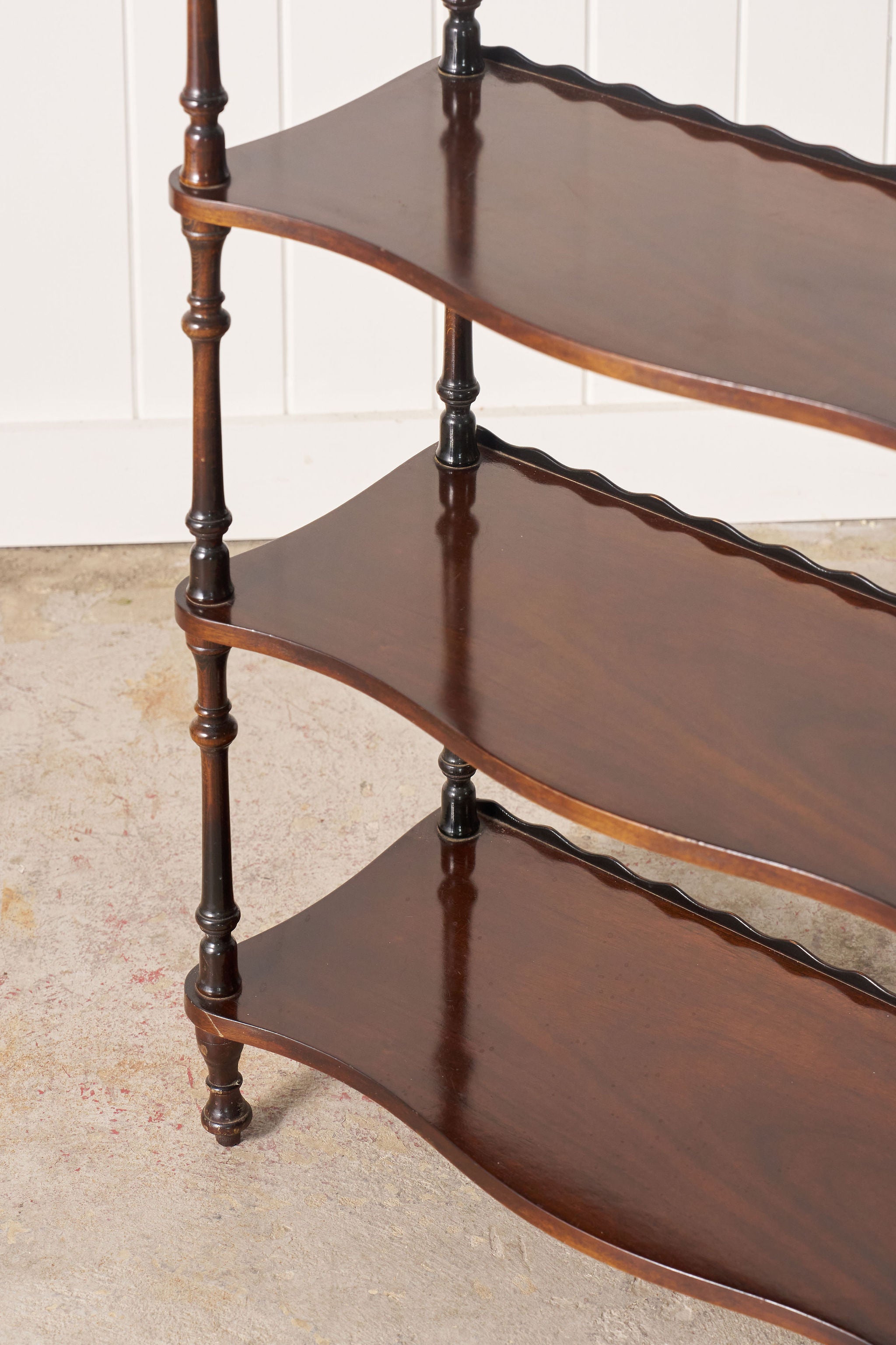 English Mahogany Bookshelf With Serpentine Shelves + Scalloped Back