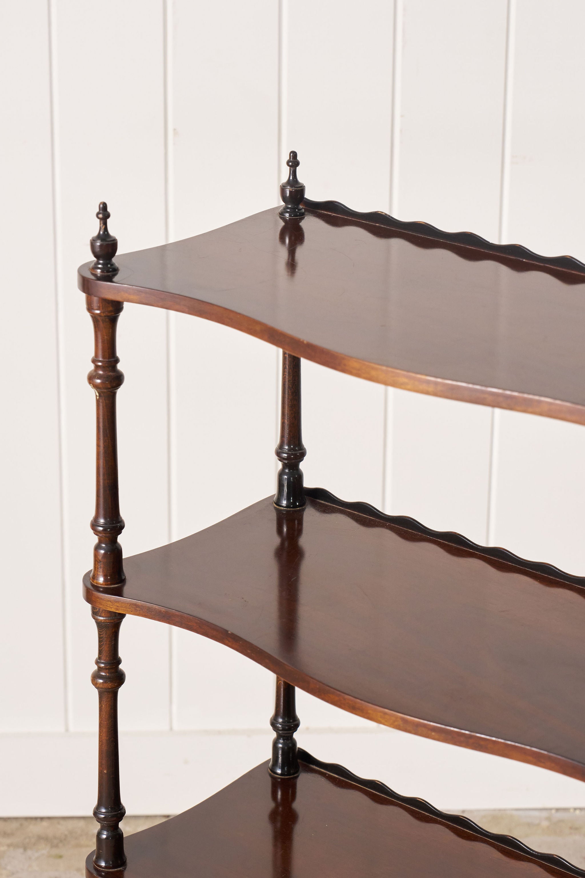English Mahogany Bookshelf With Serpentine Shelves + Scalloped Back