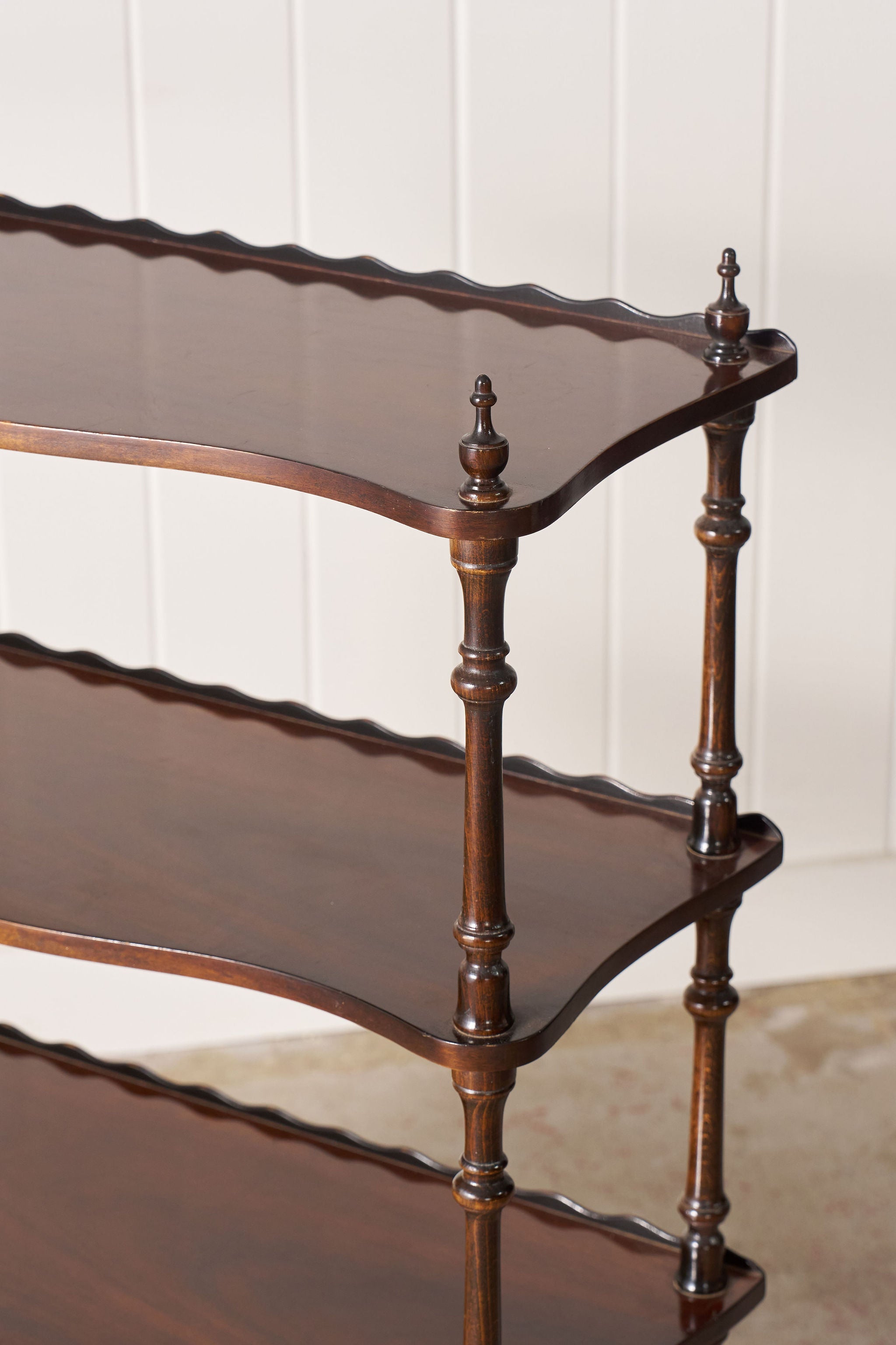 English Mahogany Bookshelf With Serpentine Shelves + Scalloped Back