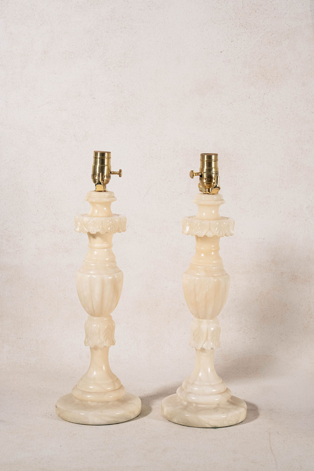 PAIR | Vintage Alabaster Table Lamps with Leaf Carving