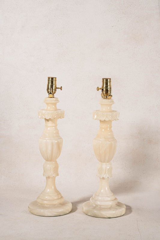 PAIR | Vintage Alabaster Table Lamps with Leaf Carving