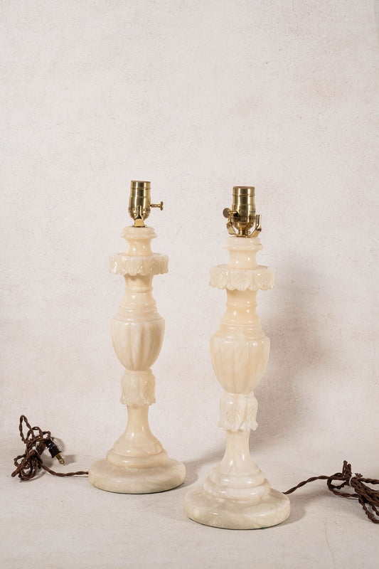 PAIR | Vintage Alabaster Table Lamps with Leaf Carving