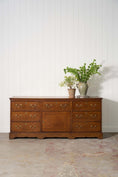 Load image into Gallery viewer, Exquisite Late Georgian Period Oak + Mahogany Banded Dresser Base (c. 1780) with Original Swan Handles
