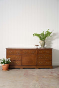 Load image into Gallery viewer, Exquisite Late Georgian Period Oak + Mahogany Banded Dresser Base (c. 1780) with Original Swan Handles
