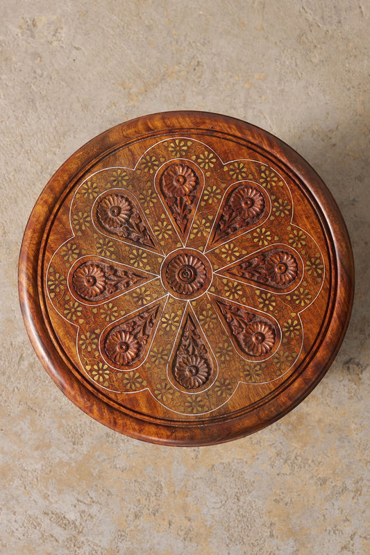 Petite Vintage Anglo Indian Octagonal Table With Floral Carvings + Brass Inlay