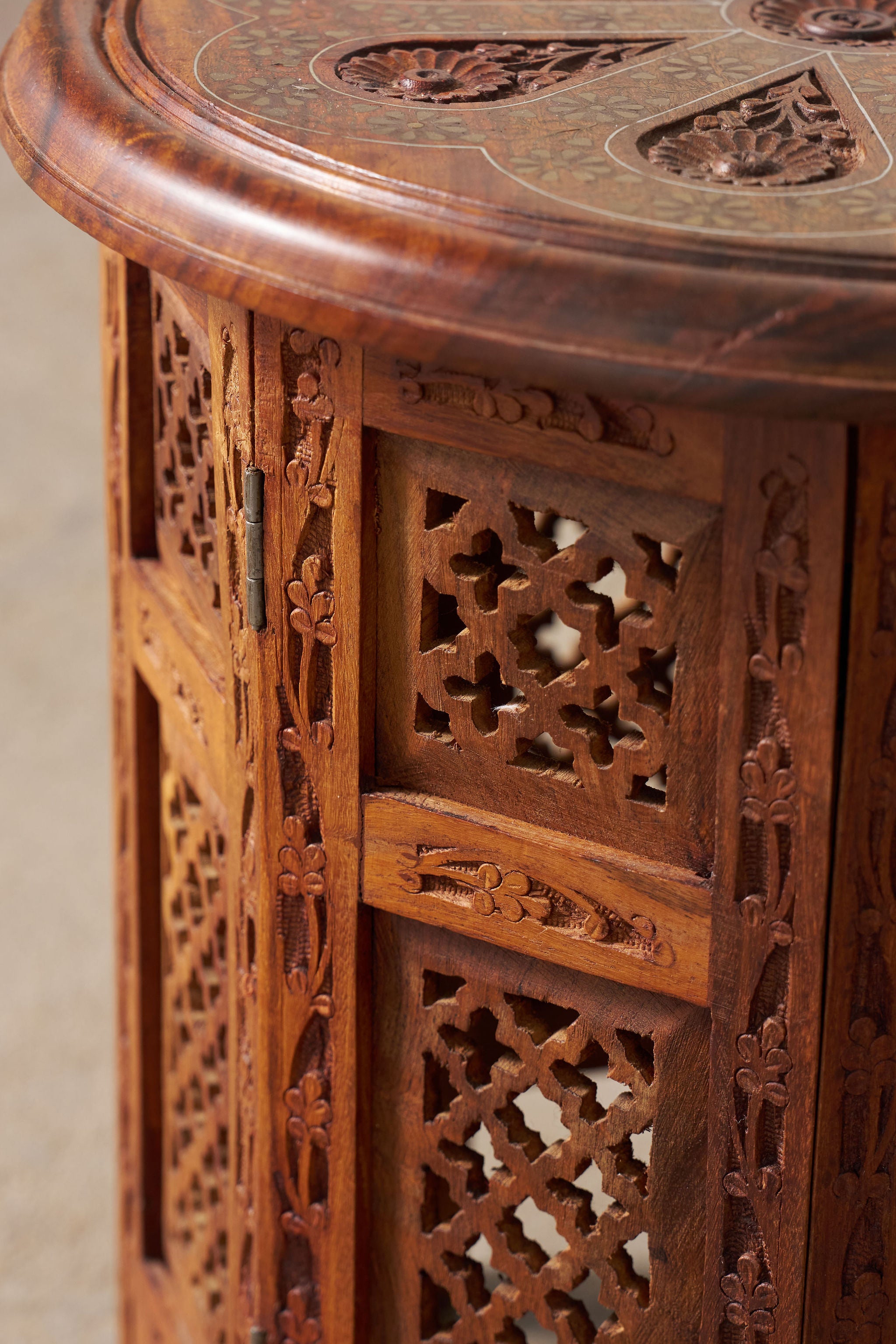 Petite Vintage Anglo Indian Octagonal Table With Floral Carvings + Brass Inlay