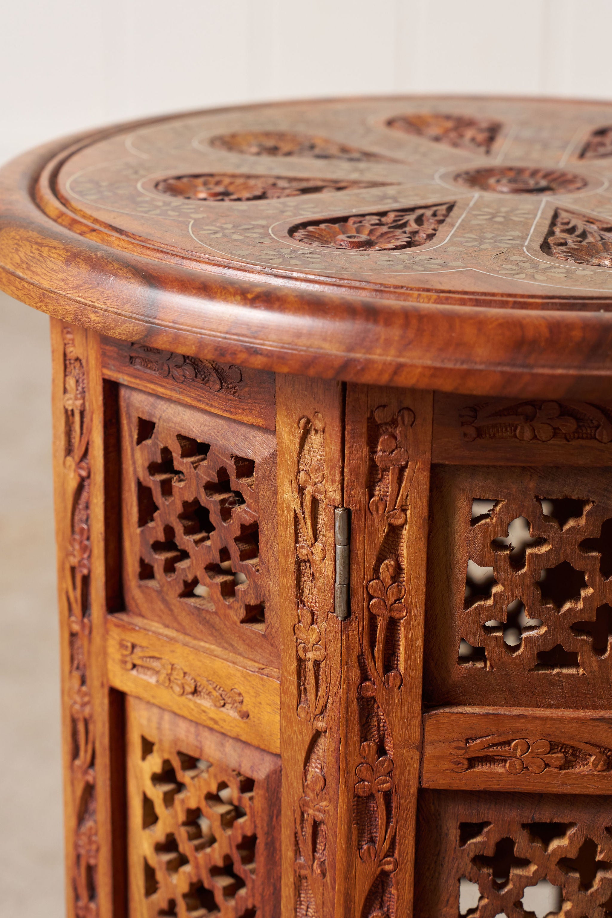 Petite Vintage Anglo Indian Octagonal Table With Floral Carvings + Brass Inlay