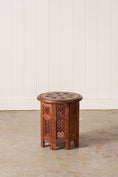 Load image into Gallery viewer, Petite Vintage Anglo Indian Octagonal Table With Floral Carvings + Brass Inlay

