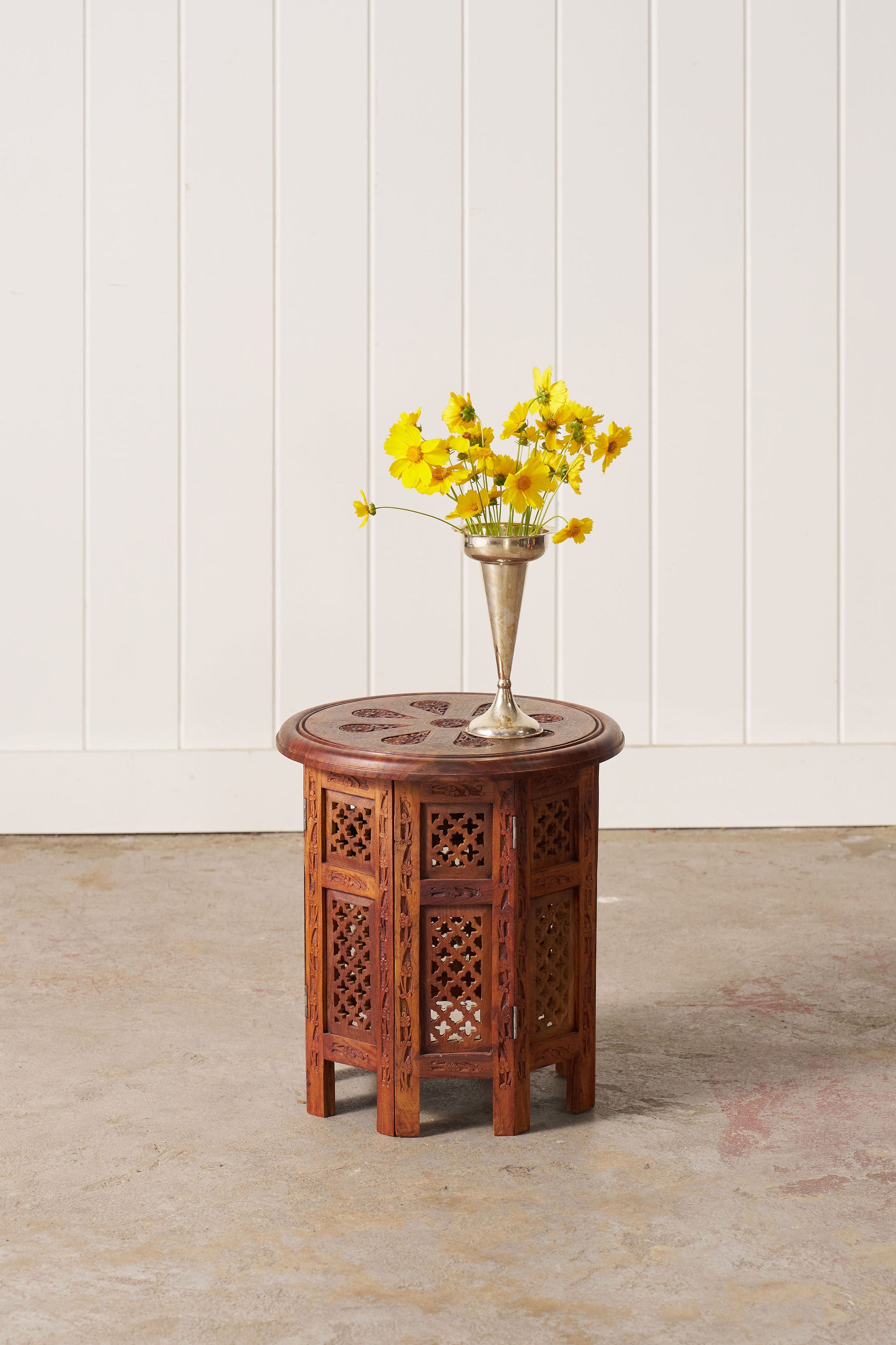 Petite Vintage Anglo Indian Octagonal Table With Floral Carvings + Brass Inlay