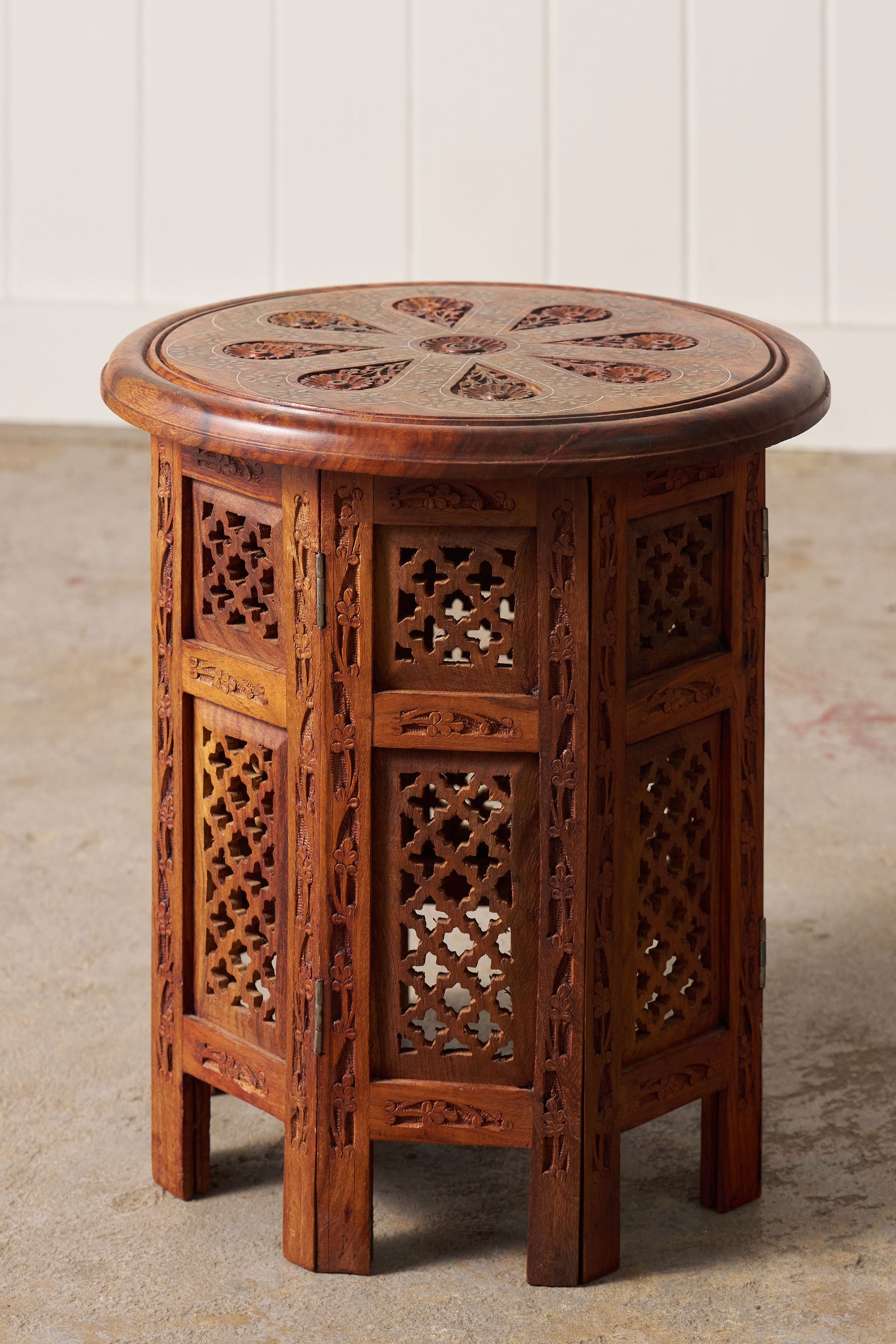 Petite Vintage Anglo Indian Octagonal Table With Floral Carvings + Brass Inlay