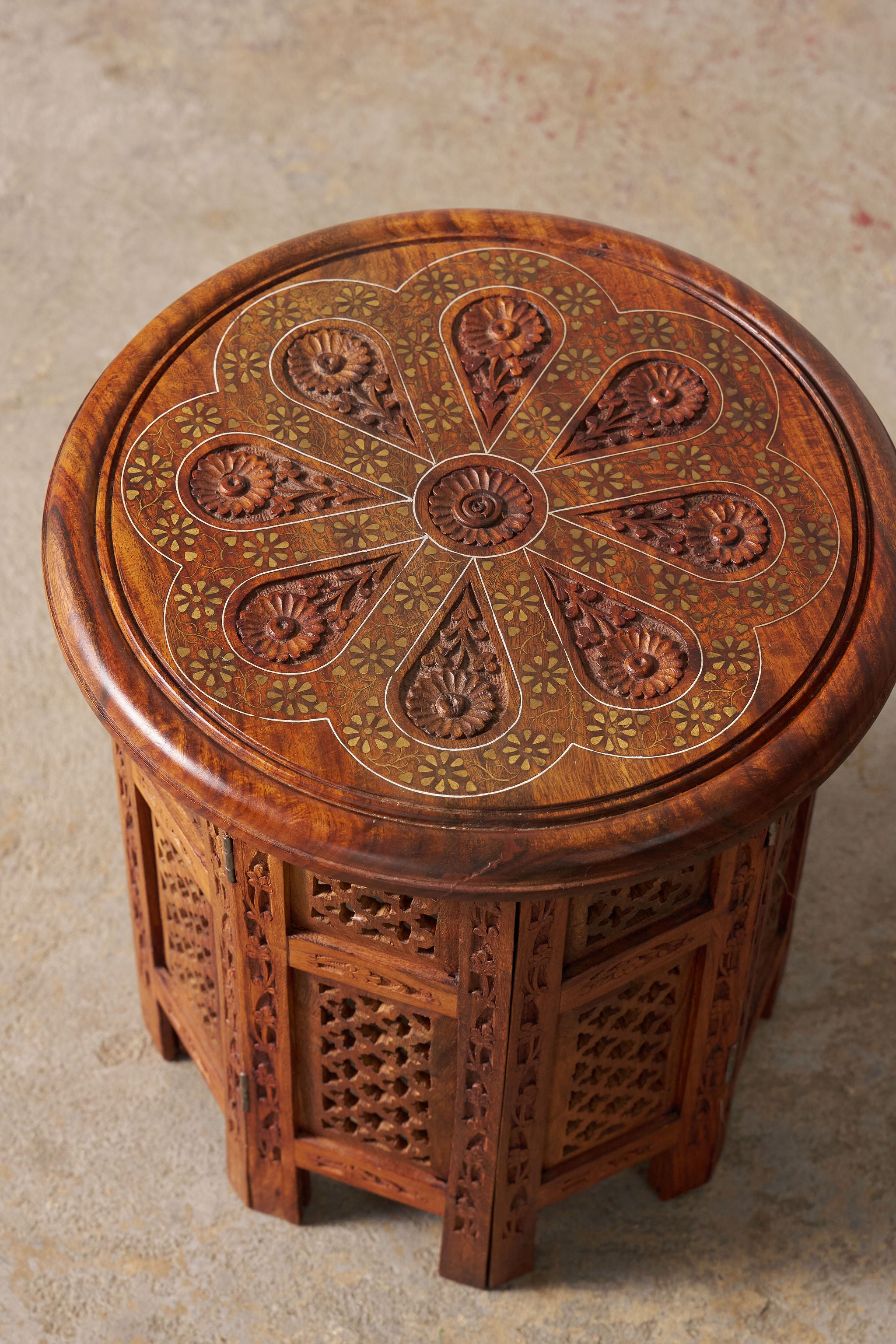 Petite Vintage Anglo Indian Octagonal Table With Floral Carvings + Brass Inlay