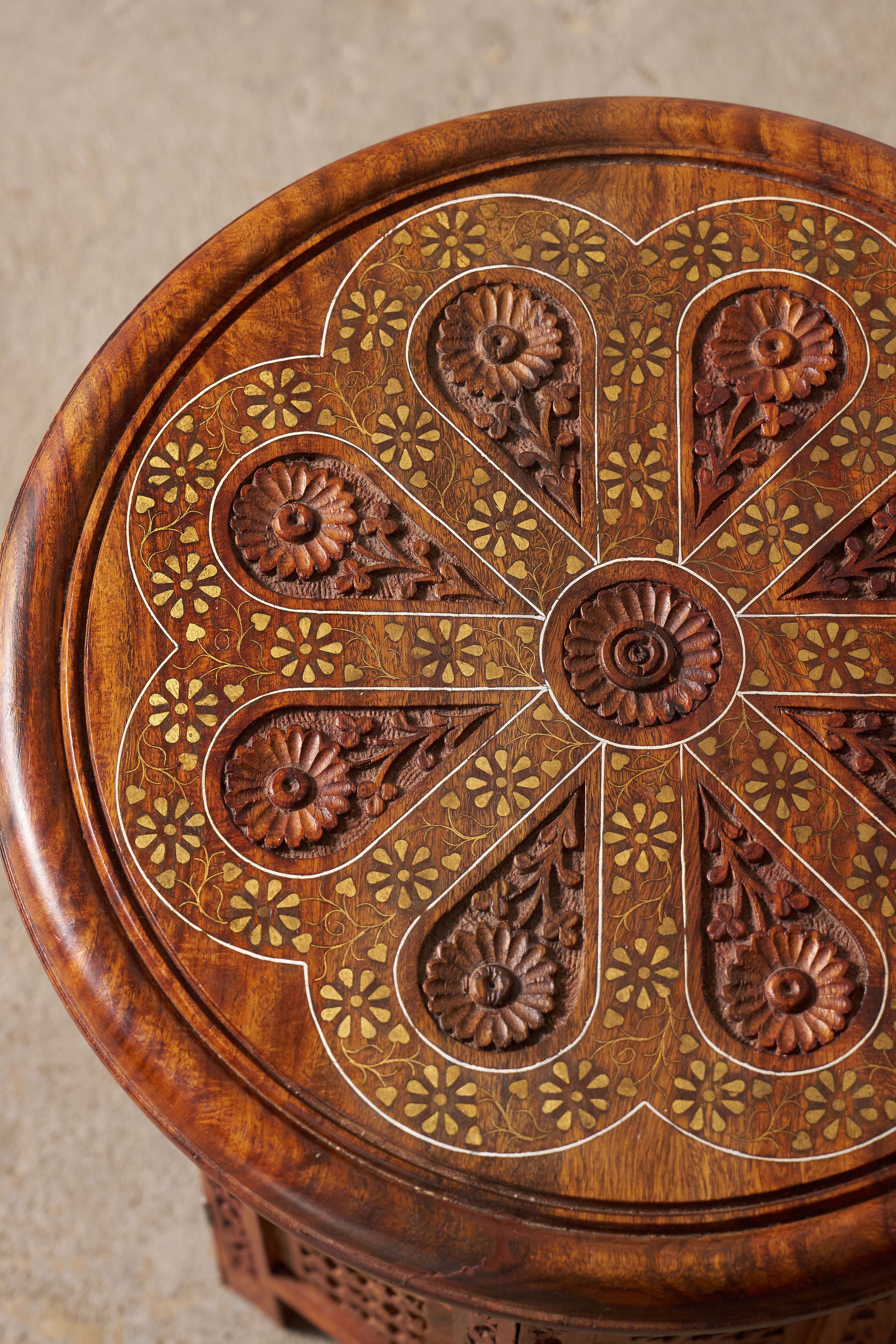 Petite Vintage Anglo Indian Octagonal Table With Floral Carvings + Brass Inlay