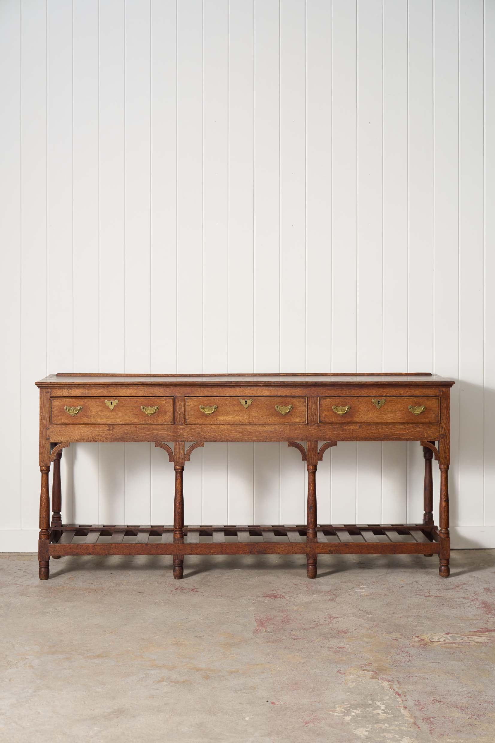 19th Century English Oak Dresser Base / Server with Bottom Slats + 3-Drawers