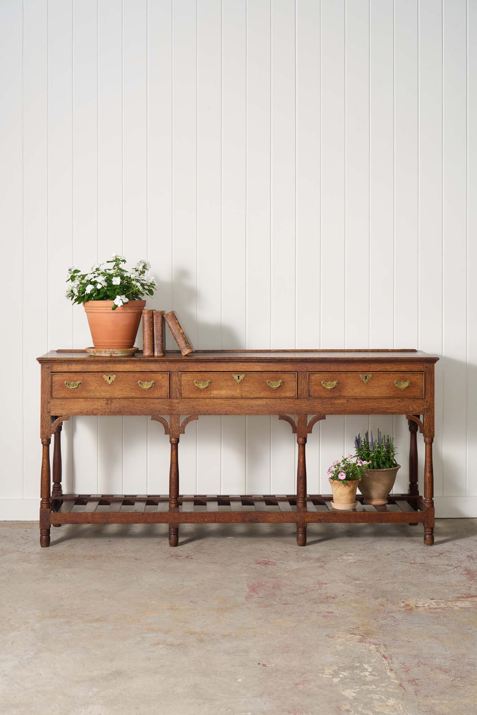 19th Century English Oak Dresser Base / Server with Bottom Slats + 3-Drawers