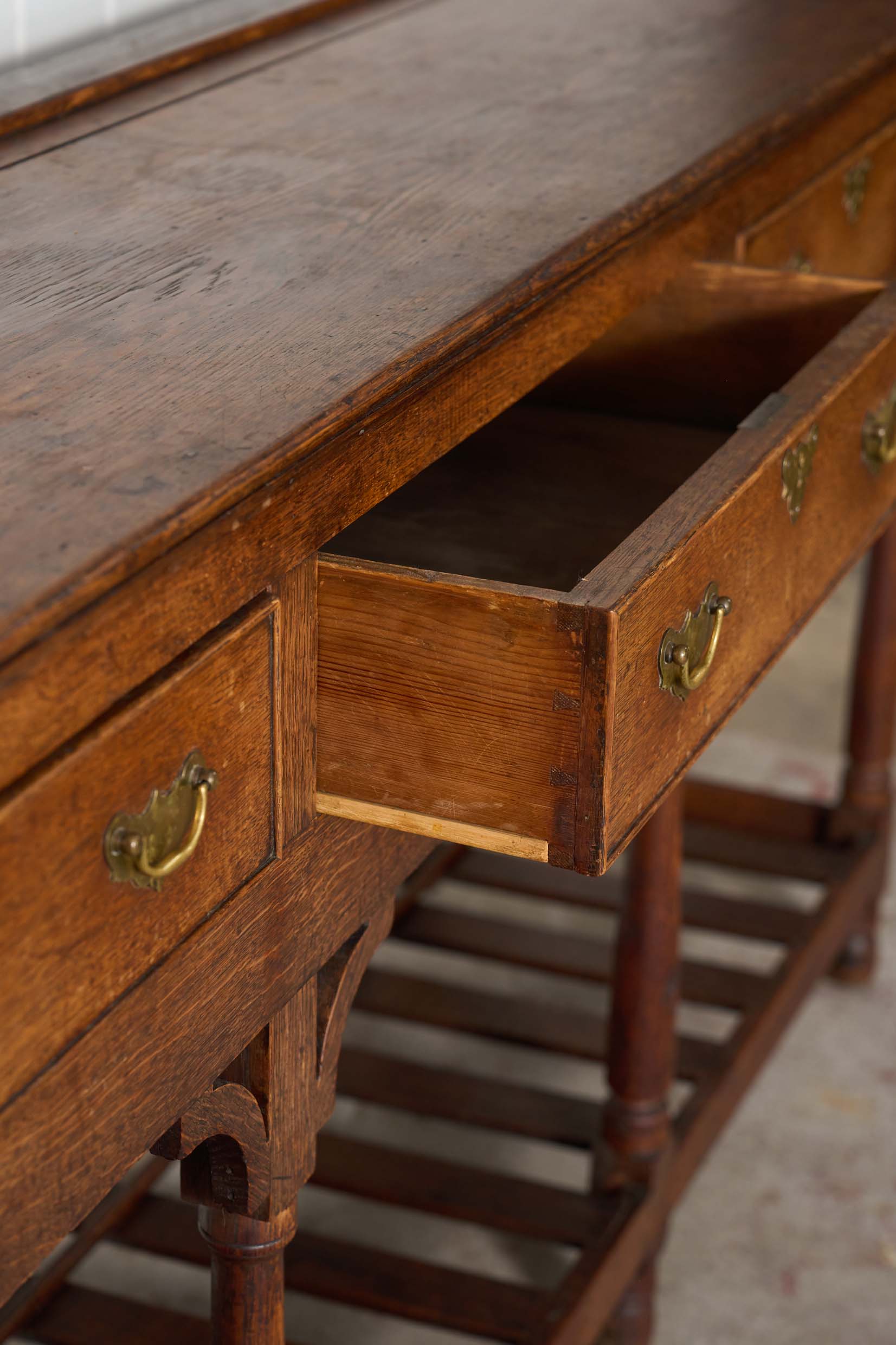 19th Century English Oak Dresser Base / Server with Bottom Slats + 3-Drawers