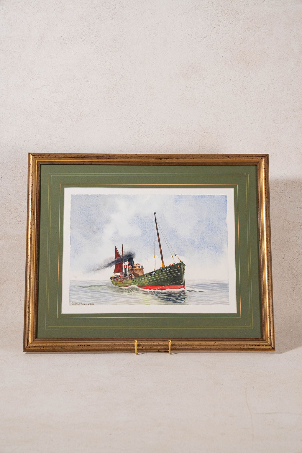 Original Ship Watercolor of ‘Lydia Eva’ (Great Yarmouth) with Green Mat + Museum Glass | signed + dated 1982