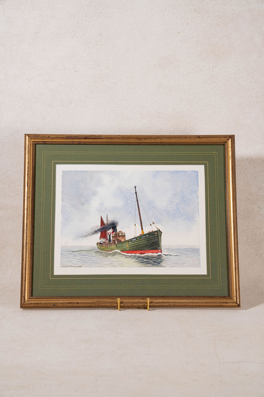 Original Ship Watercolor of ‘Lydia Eva’ (Great Yarmouth) with Green Mat + Museum Glass | signed + dated 1982