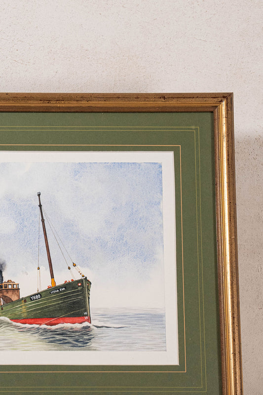 Original Ship Watercolor of ‘Lydia Eva’ (Great Yarmouth) with Green Mat + Museum Glass | signed + dated 1982