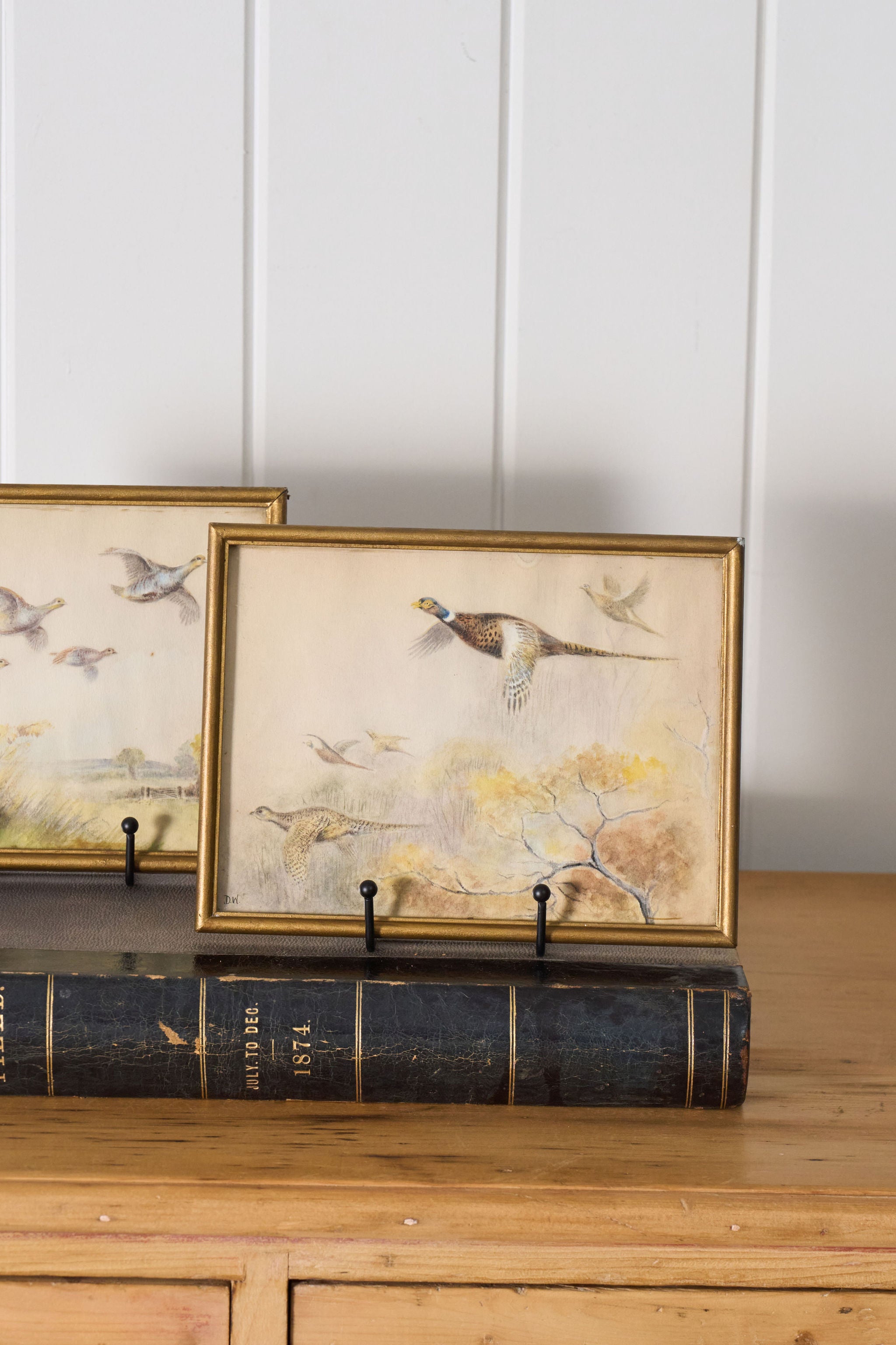 PAIR Original Watercolor Pheasants Flying (c.1920)