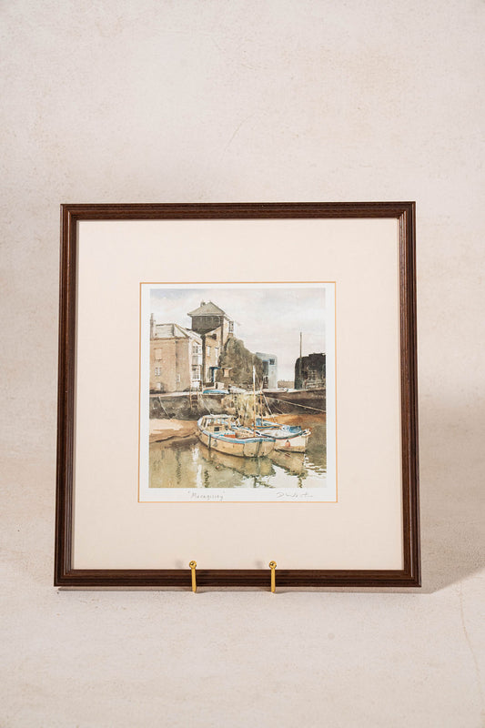 Mid Century Signed Original Watercolor of Cornwall Harbour