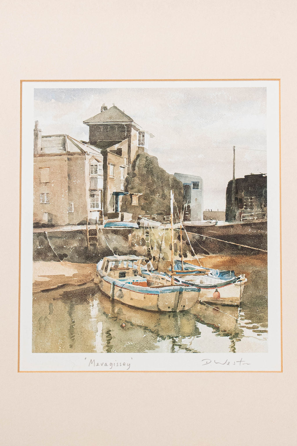 Mid Century Signed Original Watercolor of Cornwall Harbour