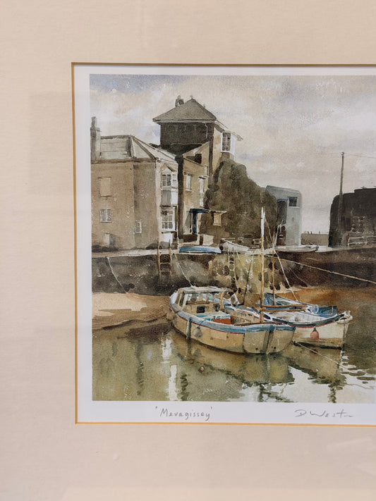 Mid Century Signed Original Watercolor of Cornwall Harbour