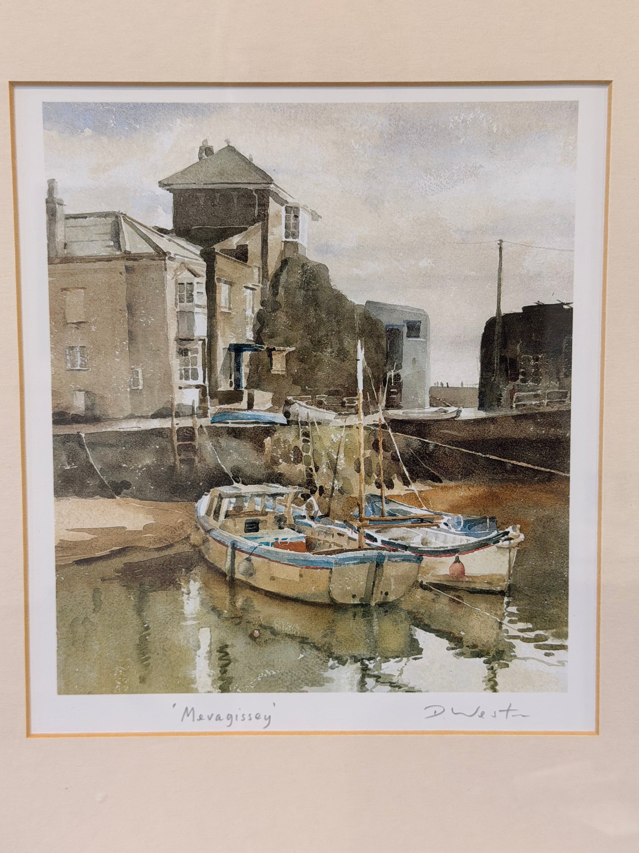 Mid Century Signed Original Watercolor of Cornwall Harbour