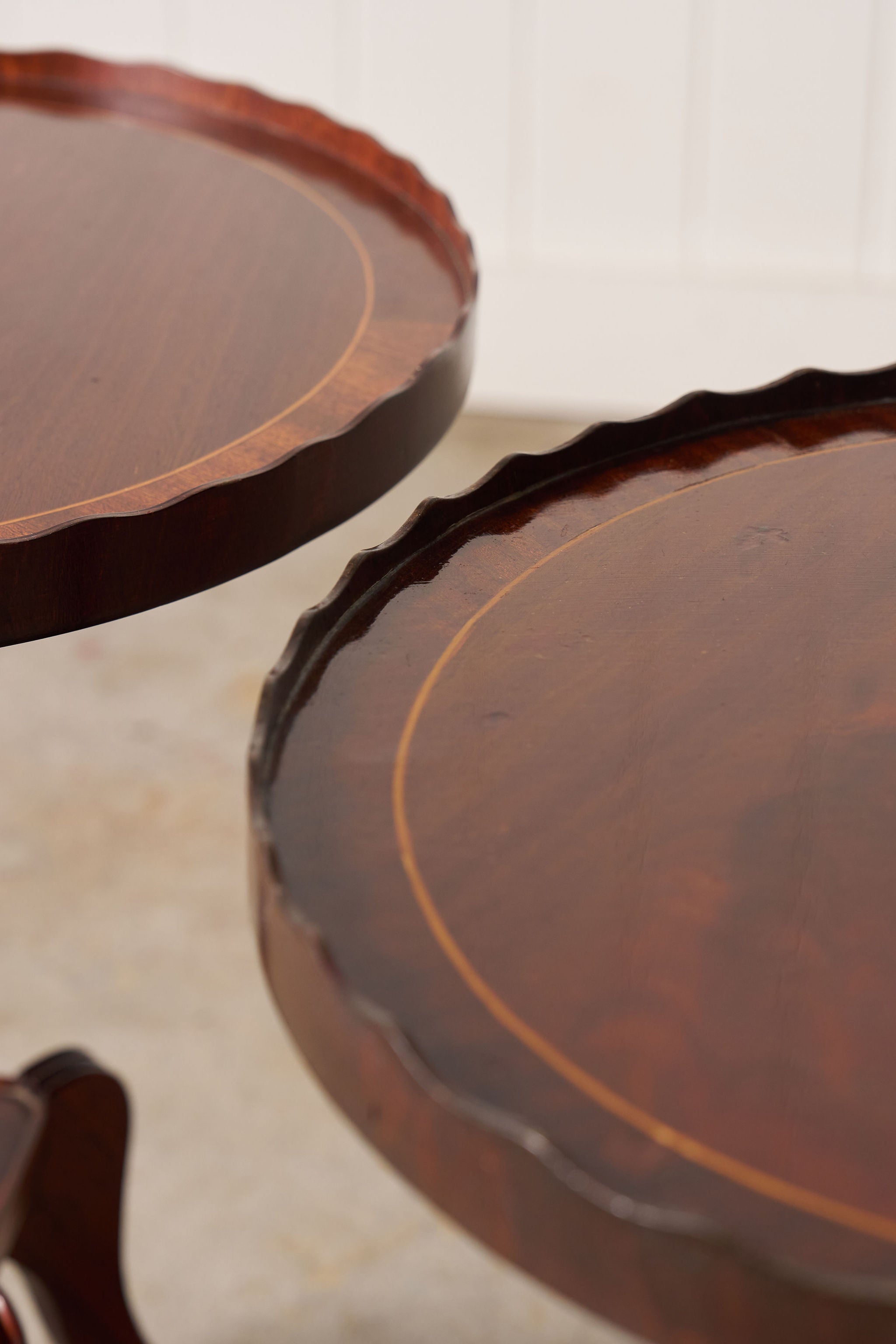 PAIR English Mahogany Side Tables with Scalloped Lip (c. 1930)