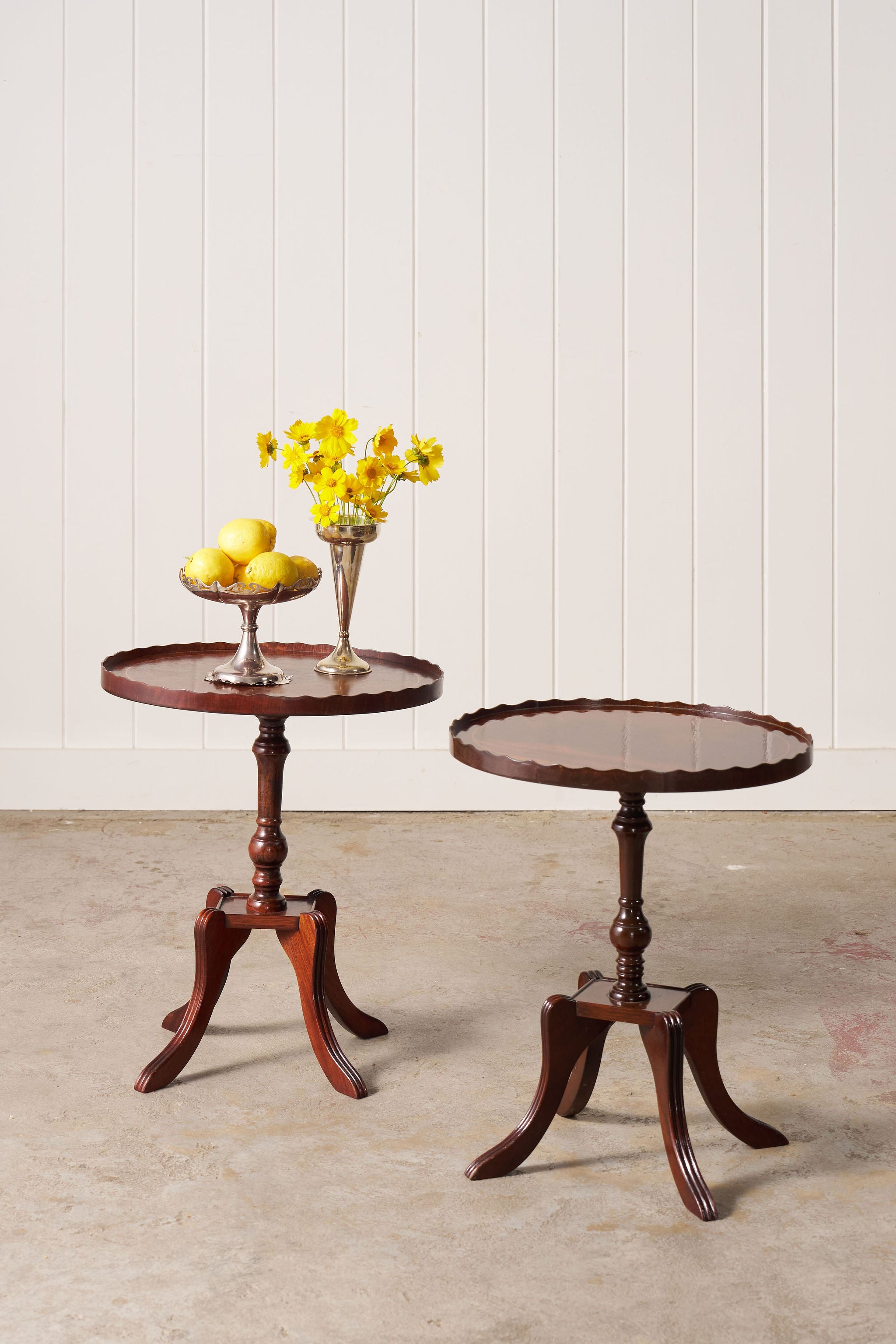 PAIR English Mahogany Side Tables with Scalloped Lip (c. 1930)