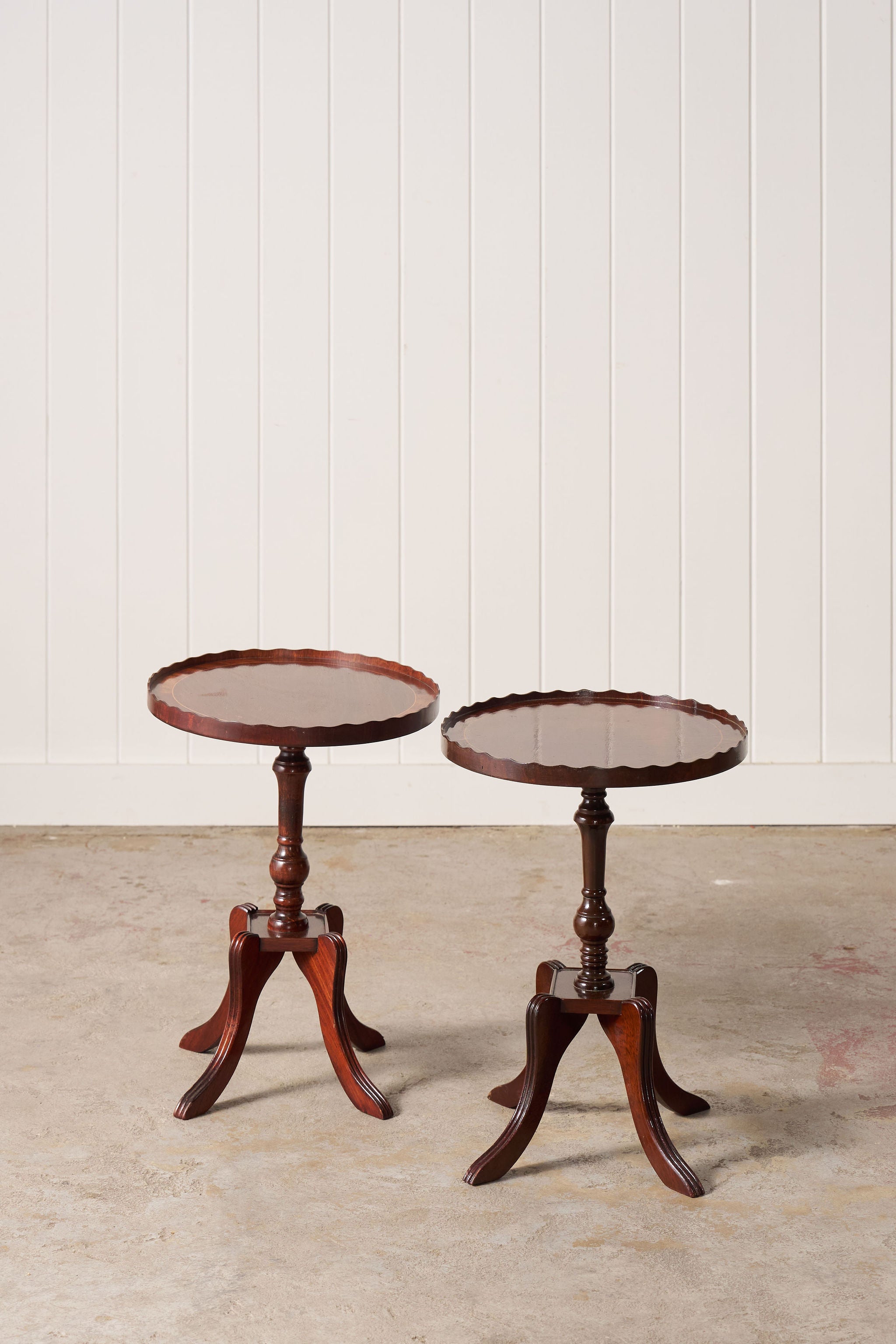 PAIR English Mahogany Side Tables with Scalloped Lip (c. 1930)