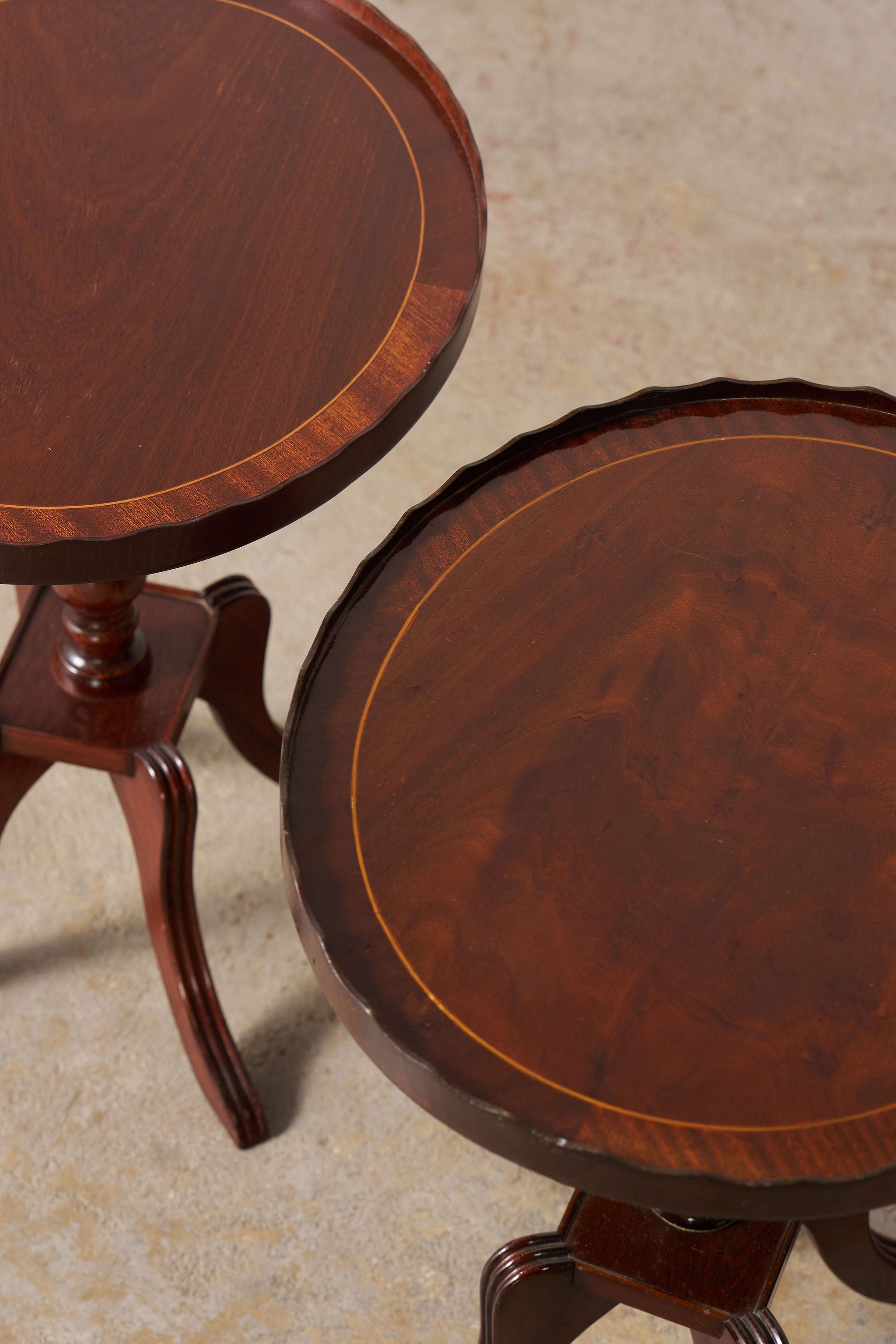 PAIR English Mahogany Side Tables with Scalloped Lip (c. 1930)