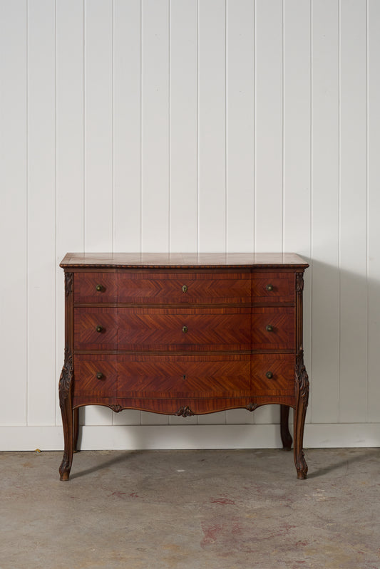 French Louis XV Style Mahogany + Satinwood Book-Matched Veneered 3-Drawer Commode