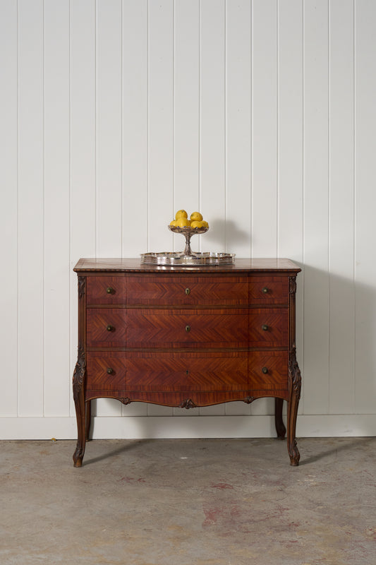 French Louis XV Style Mahogany + Satinwood Book-Matched Veneered 3-Drawer Commode